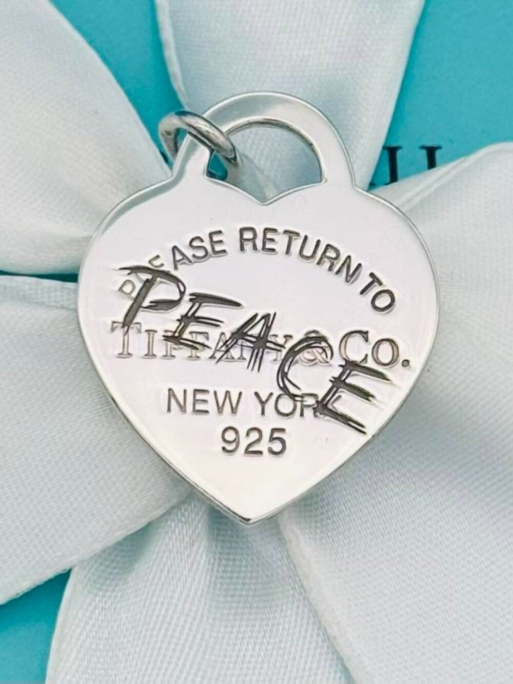 Tiffany & Co. Sterling Silver Return to Etched Peace Heart Tag Pendant Charm